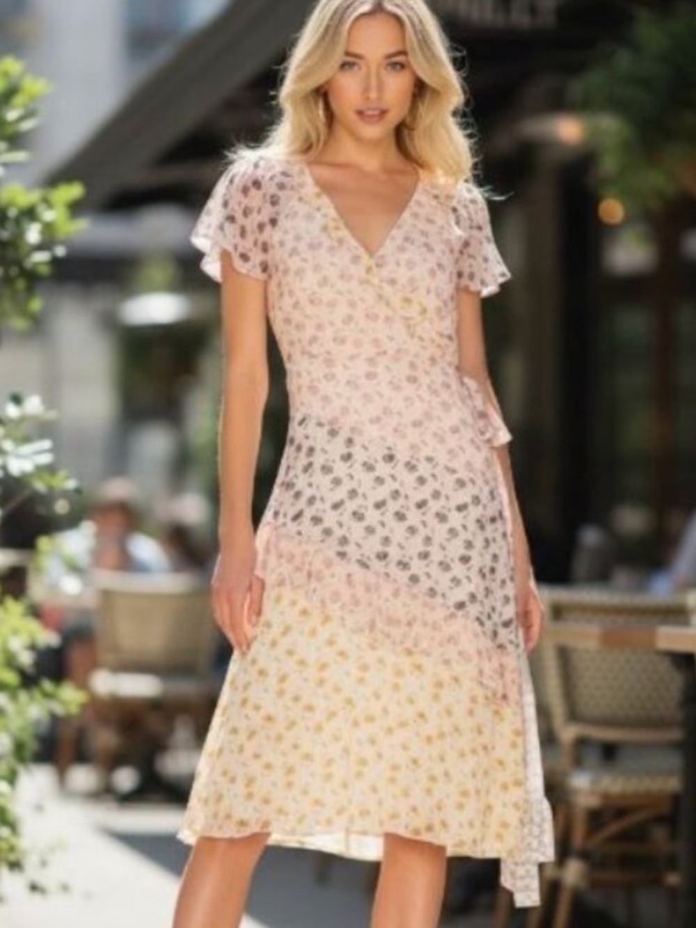NWT Joie Orita B Womens Sz 12 Colorblock Floral Tiered Flutter Midi Silk Dress